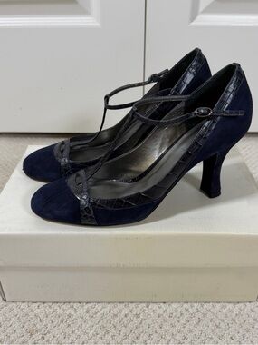 LOFT Navy Suede T-Strap Heels with Alligator Leather Trim